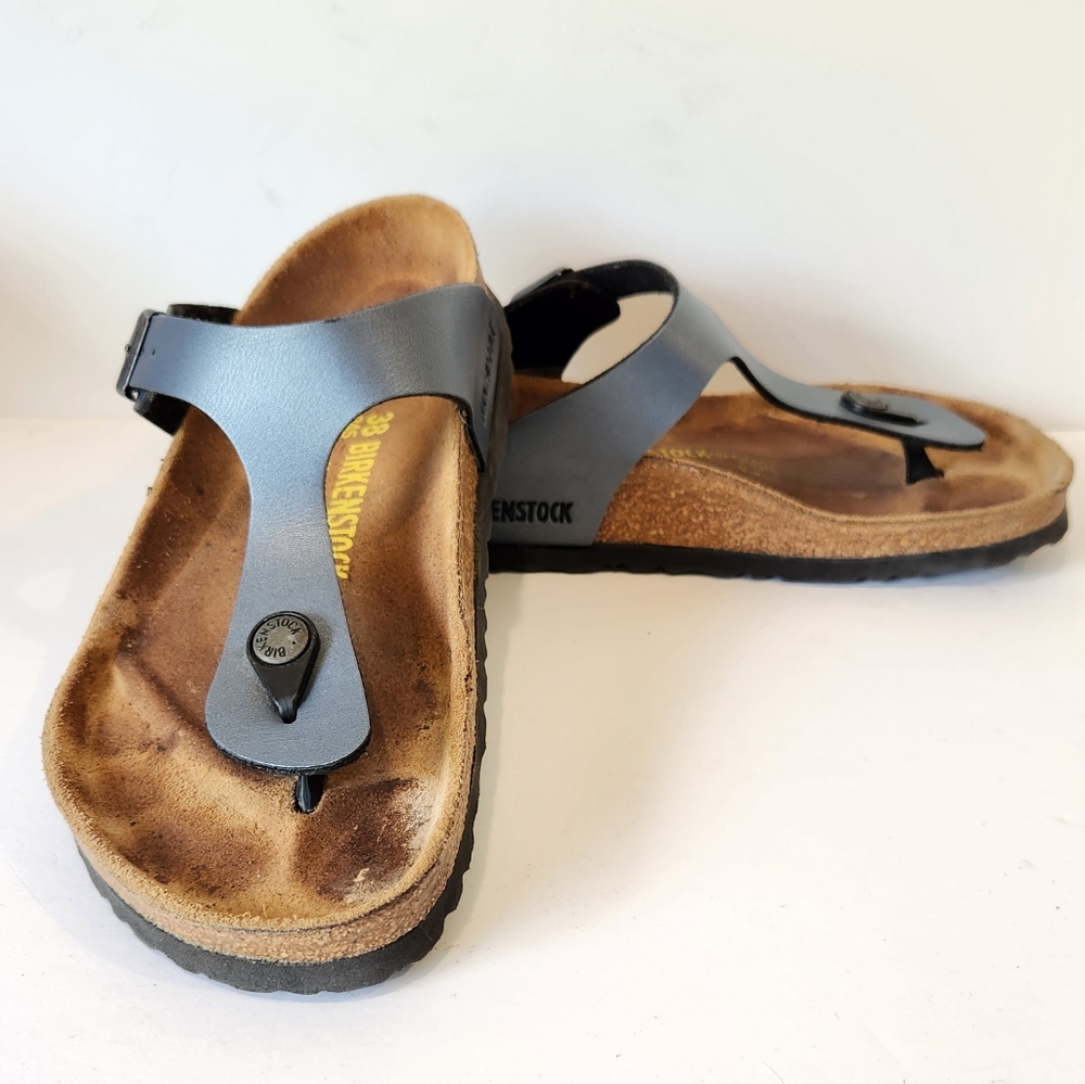 Birkenstock Gizeh Sandal 38 Womens Thong T Strap Blue Slate Metallic Comfort